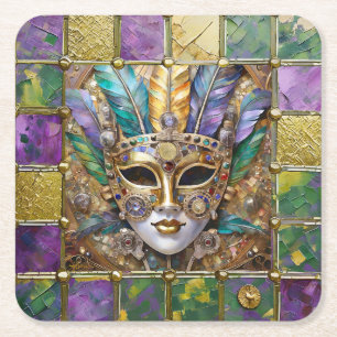 Mardi Gras Gold & Keramik Bunte Feder Maske Rechteckiger Pappuntersetzer
