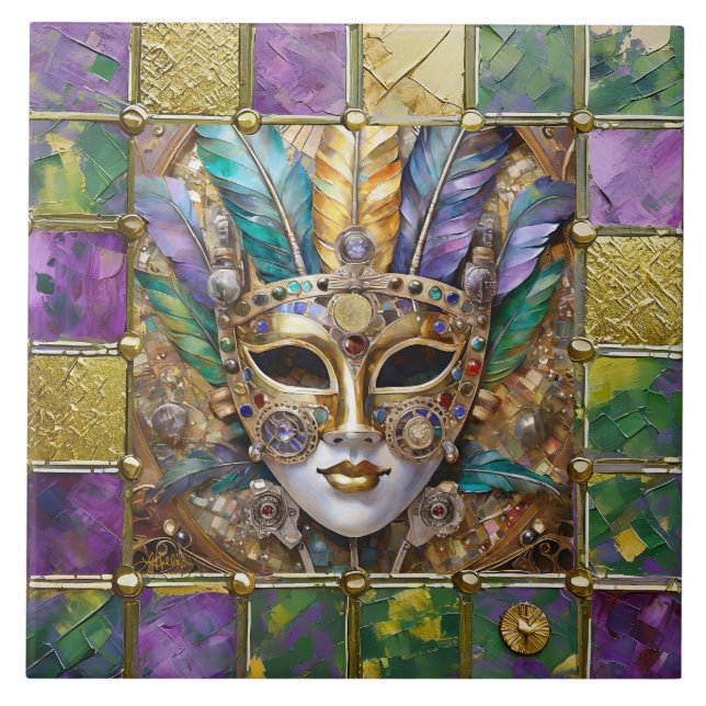 Mardi Gras Gold & Keramik Farbenfrohe Federn Maske Fliese (Vorderseite)