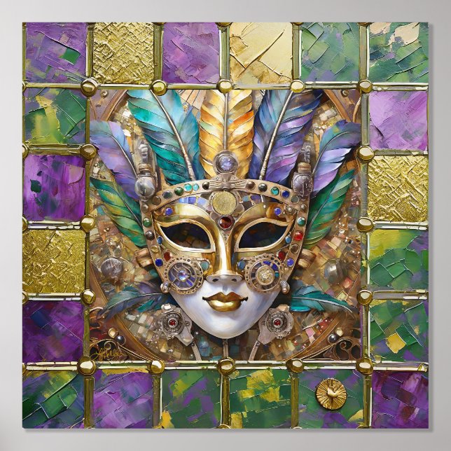 Mardi Gras Gold & Keramik Farbenfrohe Federn Maske Foliendrucke (Vorderseite)