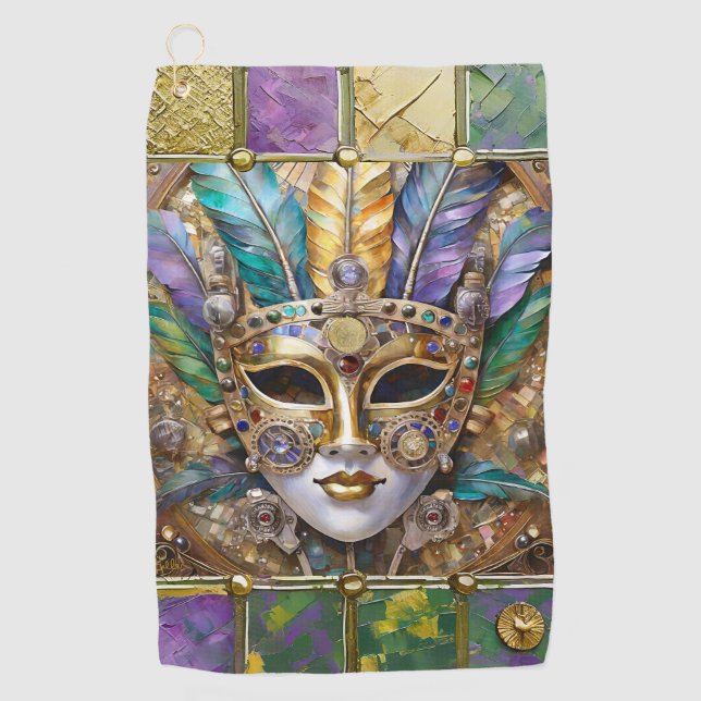 Mardi Gras Gold & Keramik Farbenfrohe Federn Maske Golfhandtuch (Vorderseite)