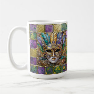 Mardi Gras Gold & Keramik Farbenfrohe Federn Maske Kaffeetasse