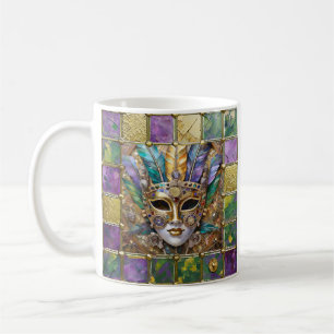 Mardi Gras Gold & Keramik Farbenfrohe Federn Maske Kaffeetasse