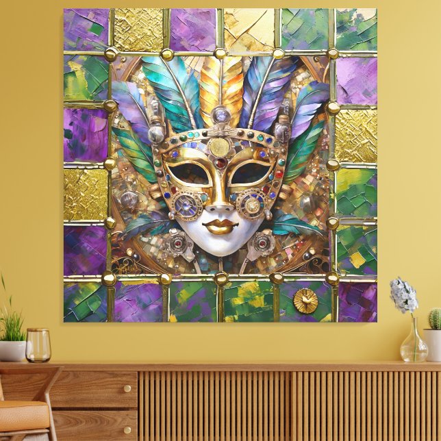Mardi Gras Gold & Keramik Farbenfrohe Federn Maske Leinwanddruck (Insitu (Wohnzimmer))