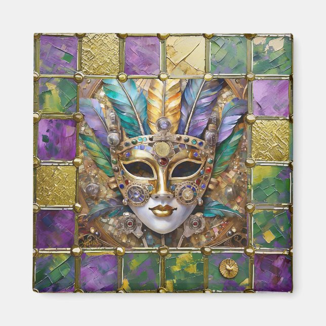 Mardi Gras Gold & Keramik Farbenfrohe Federn Maske Magnet (Vorne)
