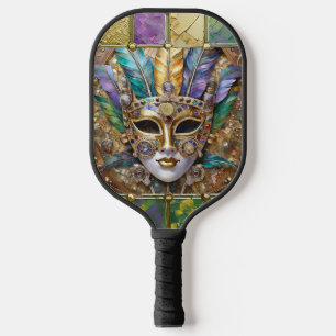 Mardi Gras Gold & Keramik Farbenfrohe Federn Maske Pickleball Schläger