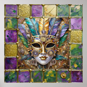 Mardi Gras Gold & Keramik Farbenfrohe Federn Maske Poster