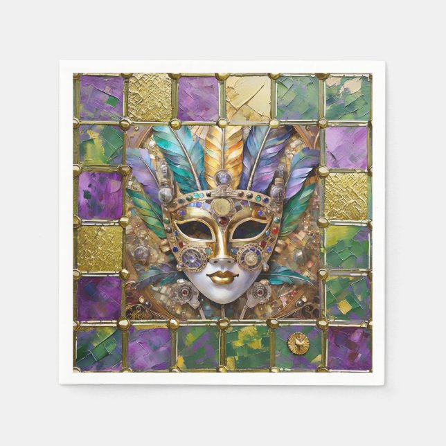 Mardi Gras Gold & Keramik Farbenfrohe Federn Maske Serviette (Vorderseite)