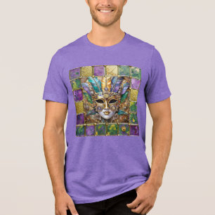Mardi Gras Gold & Keramik Farbenfrohe Federn Maske Tri-Blend Shirt