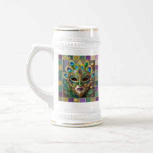 Mardi Gras Gold Keramik Peacock Feather Mask Bierglas