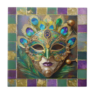 Mardi Gras Gold Keramik Peacock Feather Mask Fliese