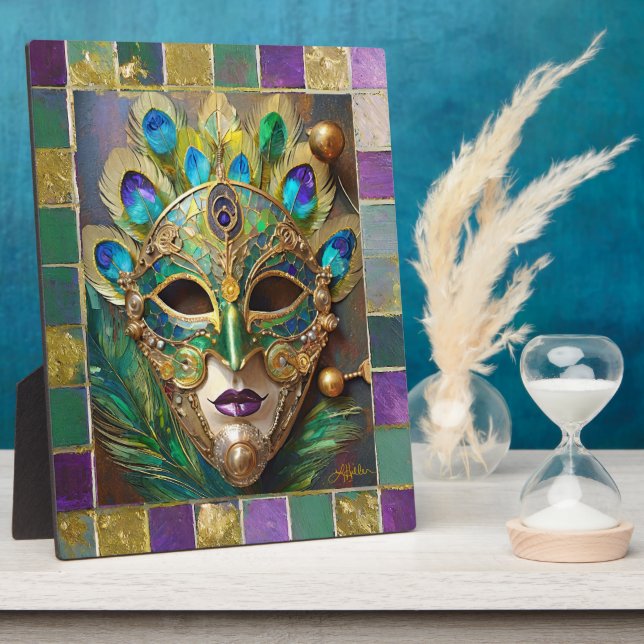 Mardi Gras Gold Keramik Peacock Feather Mask Fotoplatte (Seite)