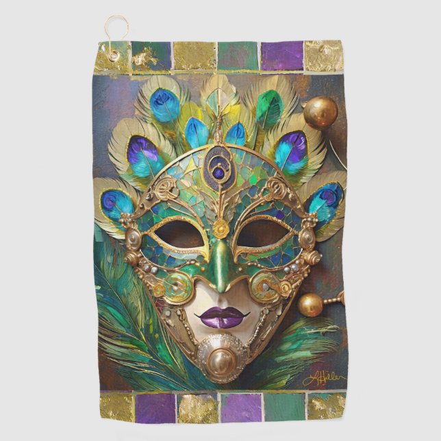 Mardi Gras Gold Keramik Peacock Feather Mask Golfhandtuch (Vorderseite)