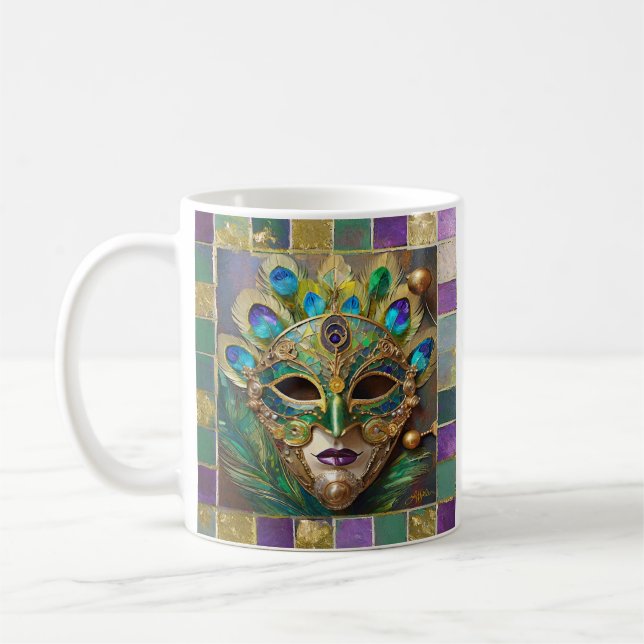 Mardi Gras Gold Keramik Peacock Feather Mask Kaffeetasse (Links)