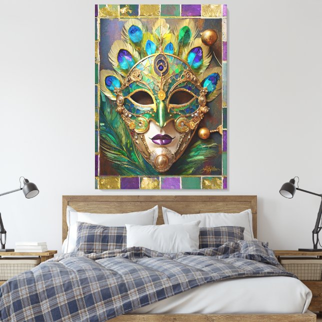 Mardi Gras Gold Keramik Peacock Feather Mask Leinwanddruck (Insitu (Schlafzimmer))