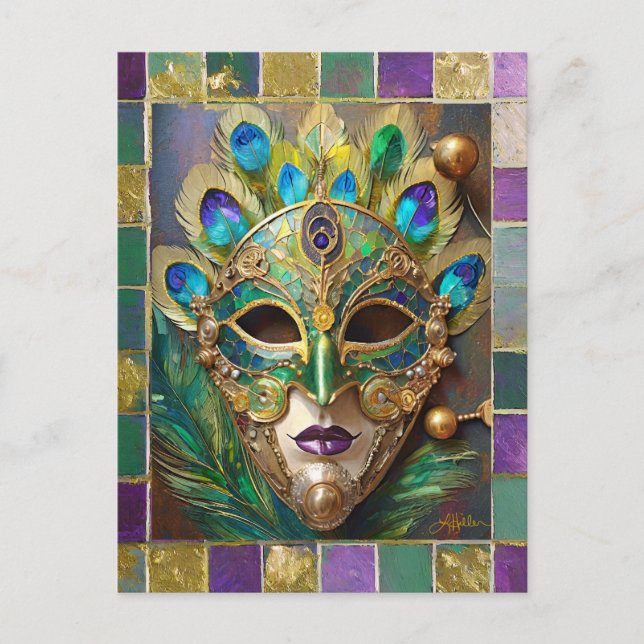 Mardi Gras Gold Keramik Peacock Feather Mask Postkarte (Vorderseite)