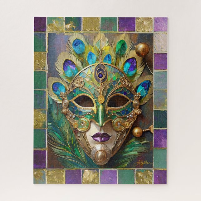 Mardi Gras Gold Keramik Peacock Feather Mask Puzzle (Vertikal)
