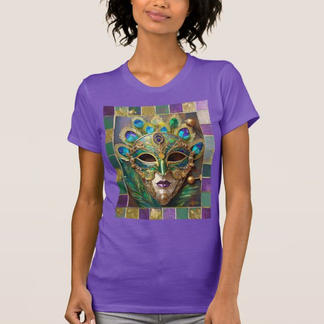 Mardi Gras Gold Keramik Peacock Feather Mask T-Shirt (Vorderseite)