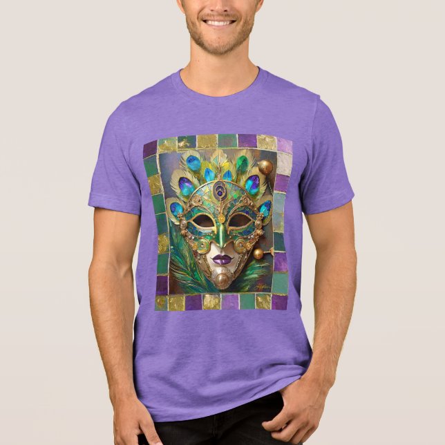 Mardi Gras Gold Keramik Peacock Feather Mask Tri-Blend Shirt (Vorderseite)