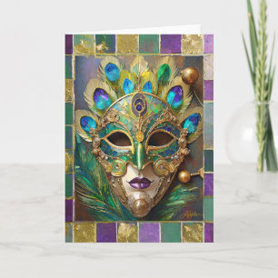 Mardi Gras Gold Keramik Pfauenfeder Maske Karte