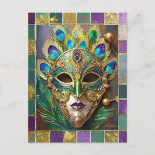 Mardi Gras Gold Keramik Pfauenfeder Maske Postkarte
