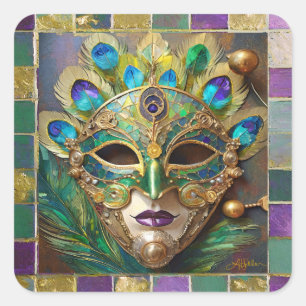 Mardi Gras Gold Keramik Pfauenfeder Maske Quadratischer Aufkleber