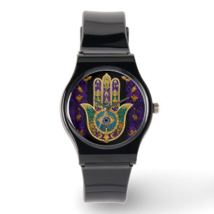 Mardi Gras Gold Lila Grüne Hamsas Art Armbanduhr