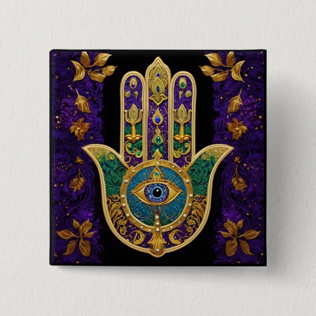 Mardi Gras Gold Lila Grüne Hamsas Art Button (Vorderseite)