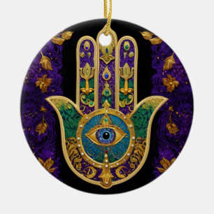 Mardi Gras Gold Lila Grüne Hamsas Art Keramik Ornament