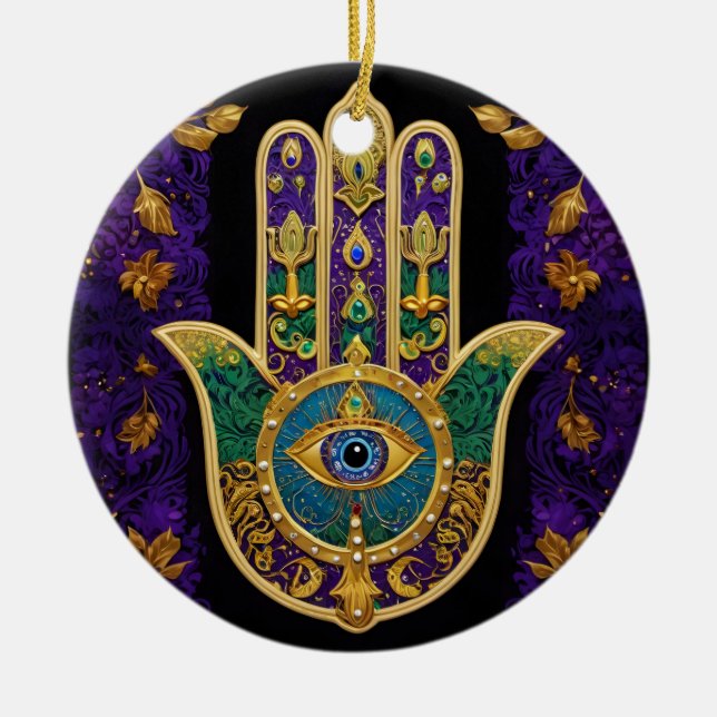 Mardi Gras Gold Lila Grüne Hamsas Art Keramik Ornament (Vorne)