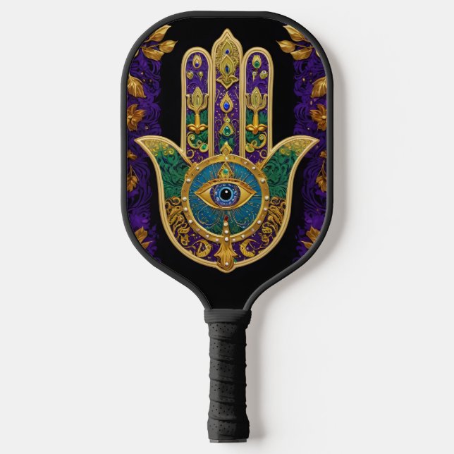 Mardi Gras Gold Lila Grüne Hamsas Art Pickleball Schläger (Vorderseite)