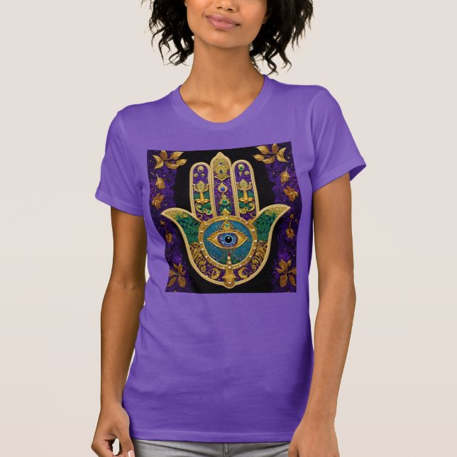 Mardi Gras Gold Lila Grüne Hamsas Art T-Shirt (Vorderseite)