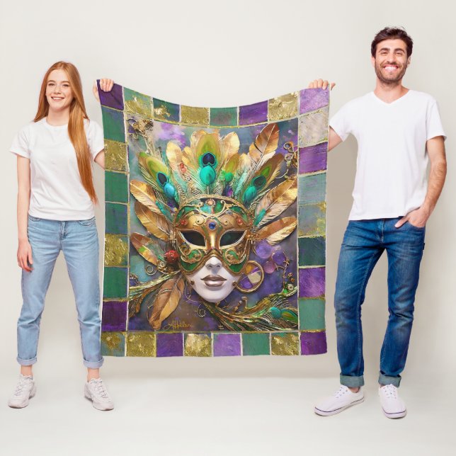 Mardi Gras Gold und Green Peacock Feather Mask Fleecedecke (Beispiel)