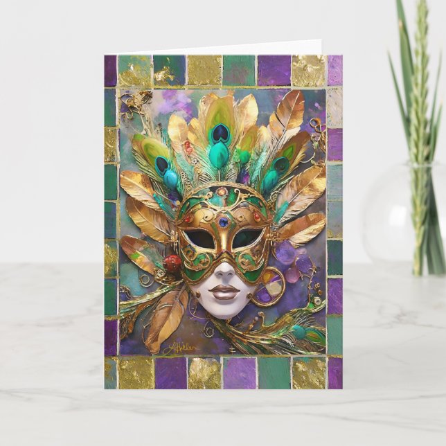 Mardi Gras Gold und Green Peacock Feather Mask Karte (Vorderseite)
