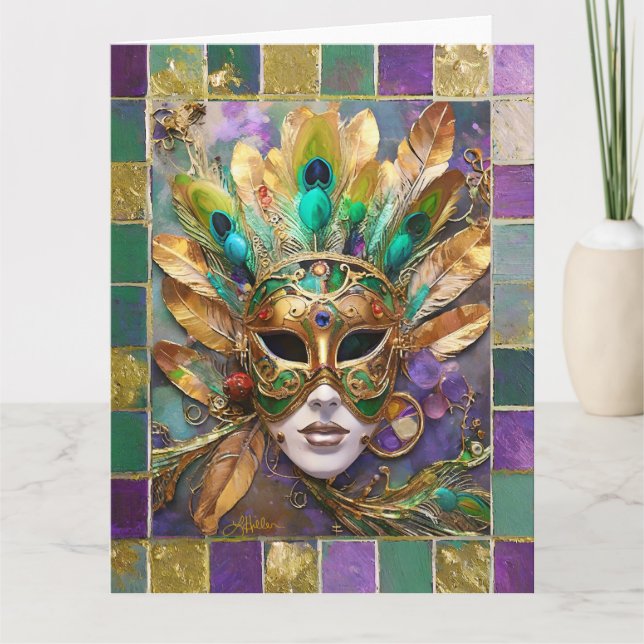 Mardi Gras Gold und Green Peacock Feather Mask Karte (Vorderseite)