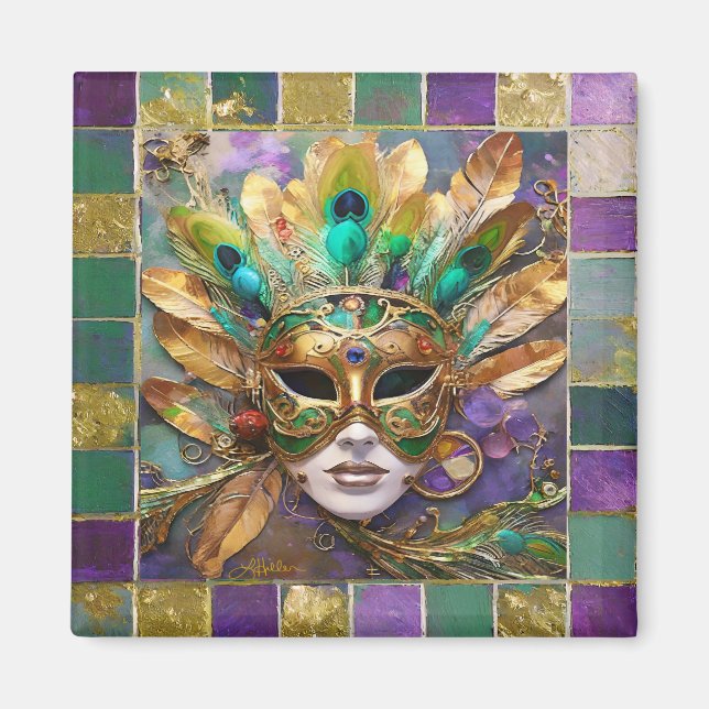 Mardi Gras Gold und Green Peacock Feather Mask Magnet (Vorne)