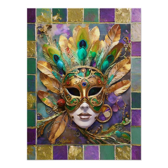 Mardi Gras Gold und Green Peacock Feather Mask Poster (Vorderseite)