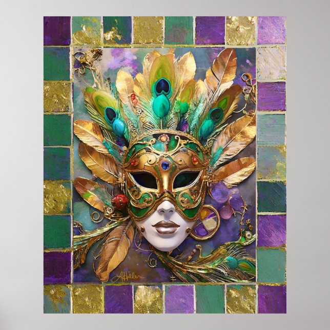 Mardi Gras Gold und Green Peacock Feather Mask Poster (Vorne)
