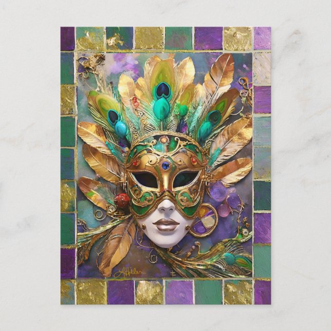 Mardi Gras Gold und Green Peacock Feather Mask Postkarte (Vorderseite)