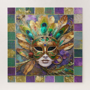 Mardi Gras Gold und Green Peacock Feather Mask Puzzle