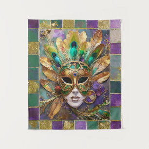 Mardi Gras Gold und Green Peacock Feather Mask Wandteppich