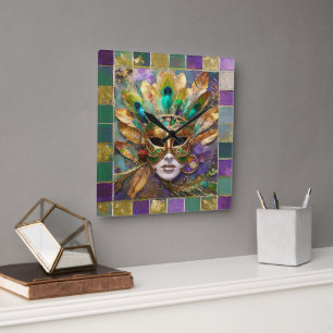 Mardi Gras Gold- und Grün-Pfauenfeder-Maske Quadratische Wanduhr