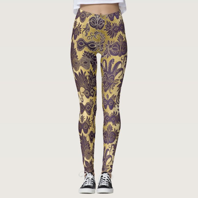 Mardi Gras Gold und Lila Masken angepasst Leggings (Vorderseite)