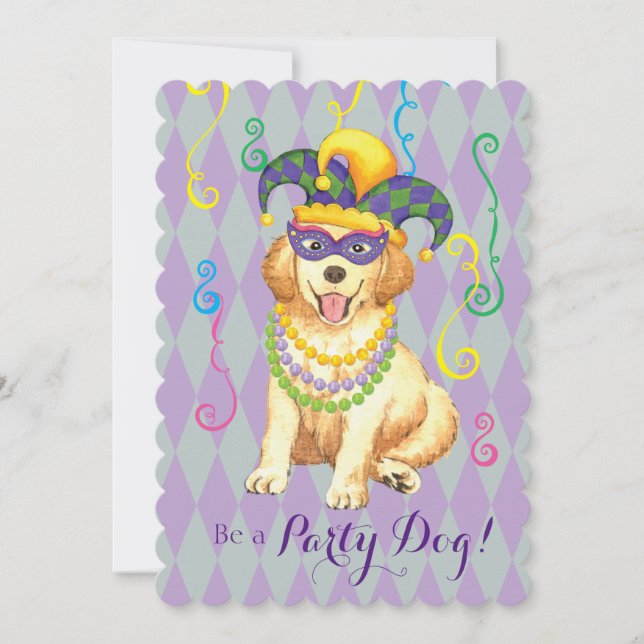 Mardi Gras Golden Retriever Einladung (Vorderseite)