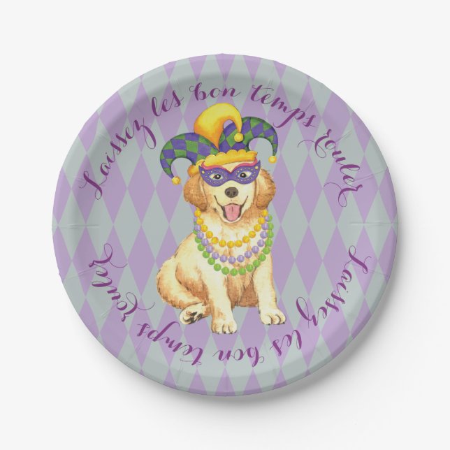 Mardi Gras Golden Retriever Pappteller (Vorderseite)