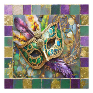 Mardi Gras Green and Gold Colorful Feathers Maske Fotodruck