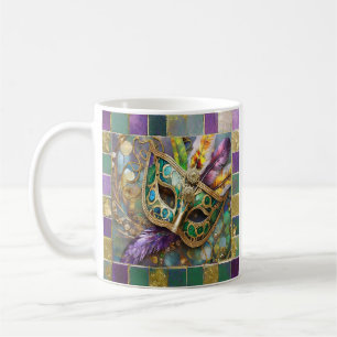 Mardi Gras Green and Gold Colorful Feathers Maske Kaffeetasse
