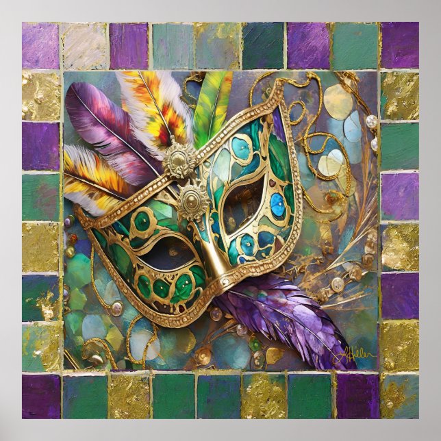 Mardi Gras Green and Gold Colorful Feathers Maske Poster (Vorne)