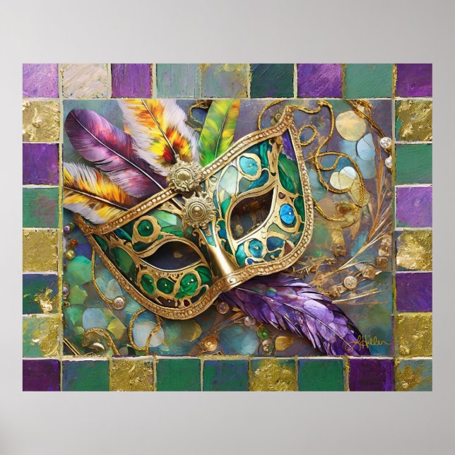 Mardi Gras Green and Gold Colorful Feathers Maske Poster (Vorne)