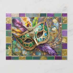 Mardi Gras Green and Gold Colorful Feathers Maske Postkarte