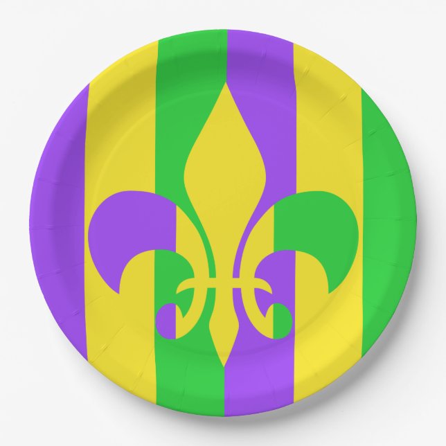 Mardi Gras Green Yellow Lila Fleur-de-Lis Pappteller (Vorderseite)